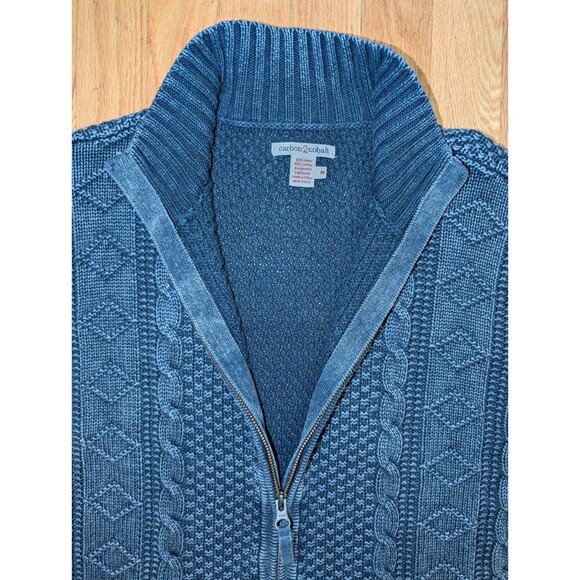 Carbon 2 Cobalt Men's Full Zip Sweater Medium Linen Cotton Blue Cable Knit - Picture 5 of 9